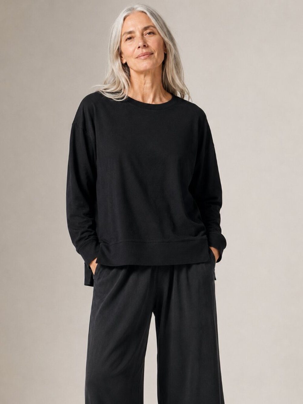 Eileen Fisher Black Organic Cotton Stretch Sweatshirt Large NWOT